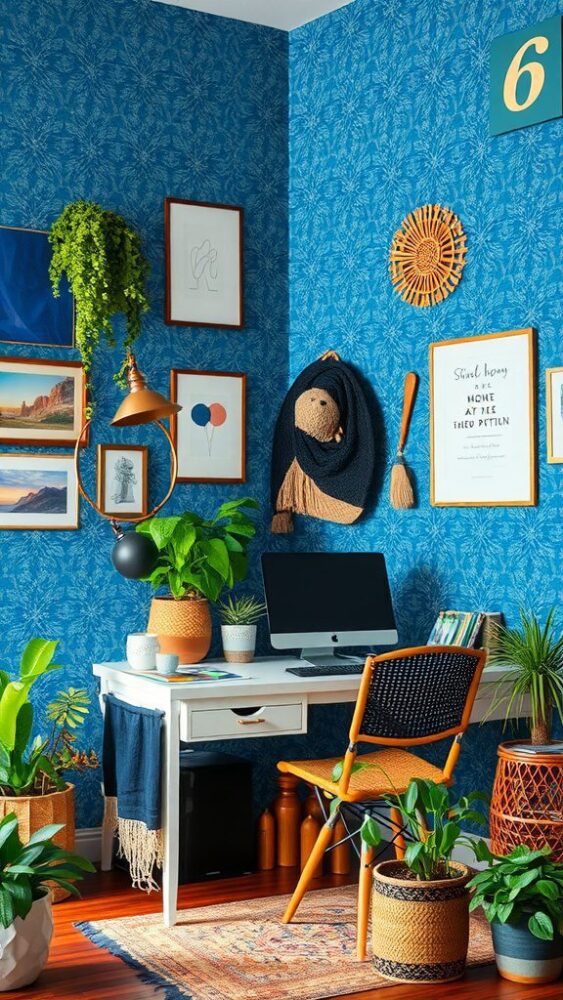 A cozy home office with blue wallpaper, featuring plants, artwork, and a stylish desk.