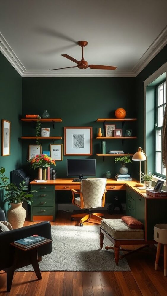 Eclectic home office with dark green walls, wooden furniture, and stylish decor