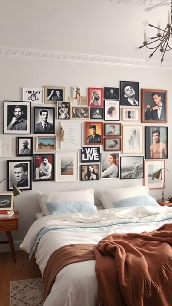 Eclectic gallery wall above a bed featuring a variety of framed artworks and photographs.