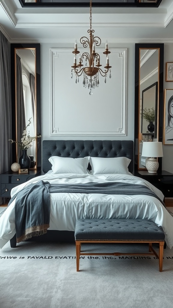 A stylish black and silver bedroom featuring a black bed, silver chandelier, and elegant decor.