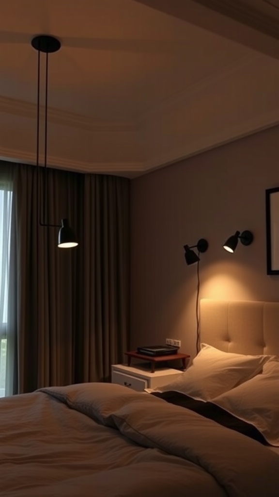 A cozy bedroom with elegant black lighting fixtures illuminating the space.