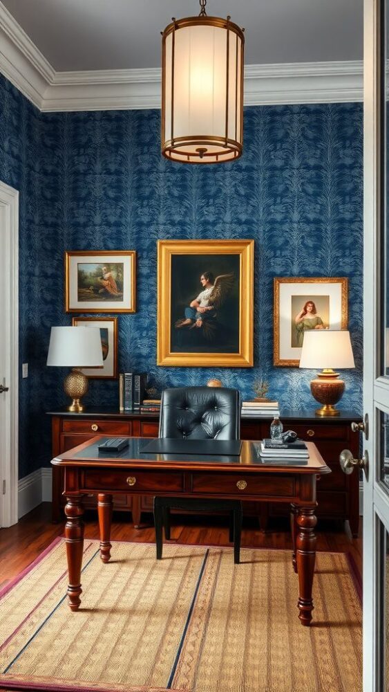 A home office featuring blue damask wallpaper, a wooden desk, elegant lighting, and framed artwork.