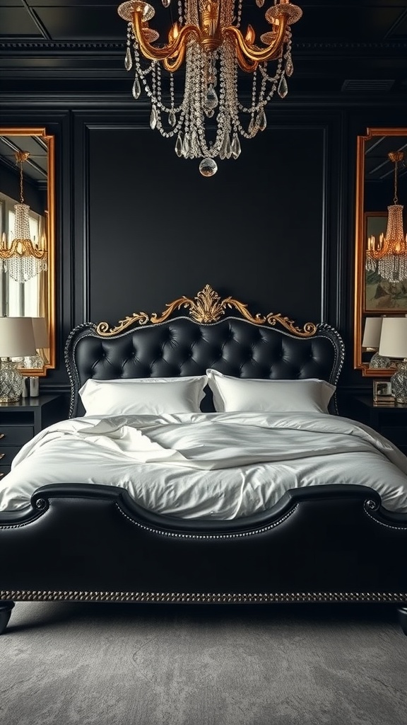 A luxurious bedroom featuring a black bed with crystal chandelier and ornate mirrors.