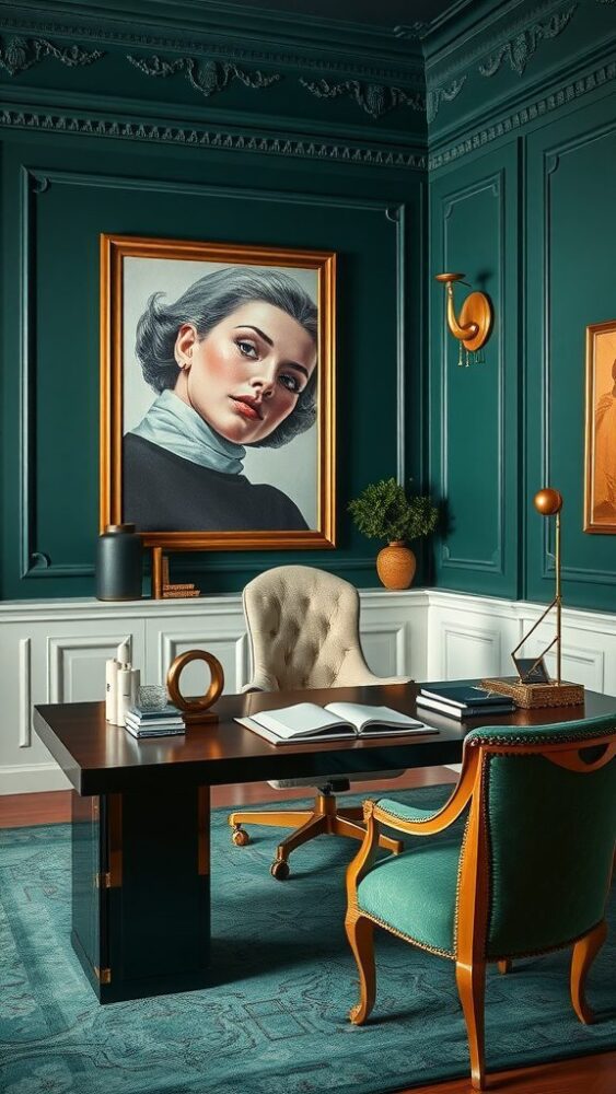 Elegant home office with deep emerald walls, stylish furniture, and artwork