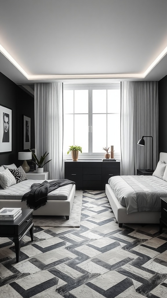 Elegant monochrome bedroom with two beds, geometric rug, and large windows