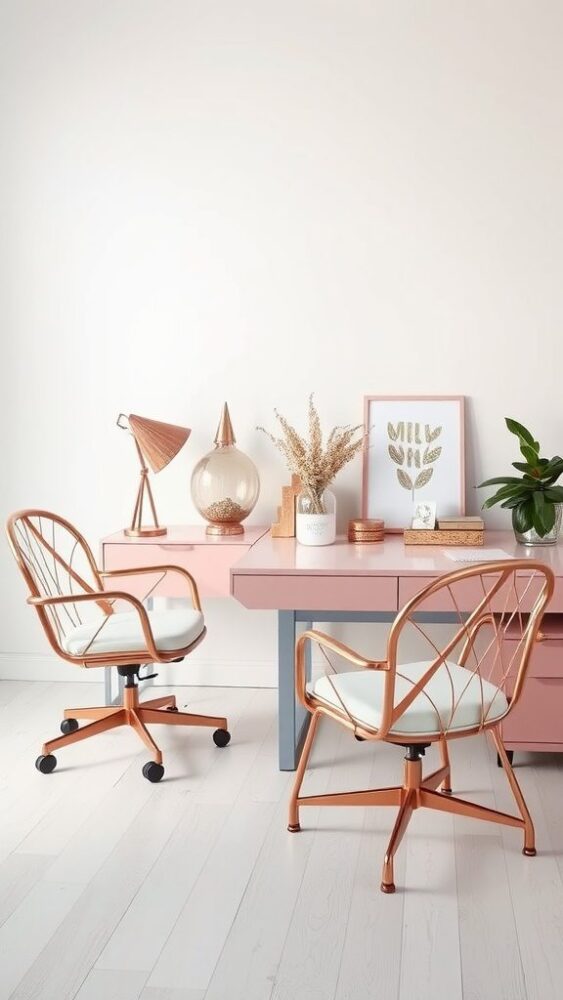 A stylish office setup featuring rose gold furniture accents, including two chairs and a pink desk.