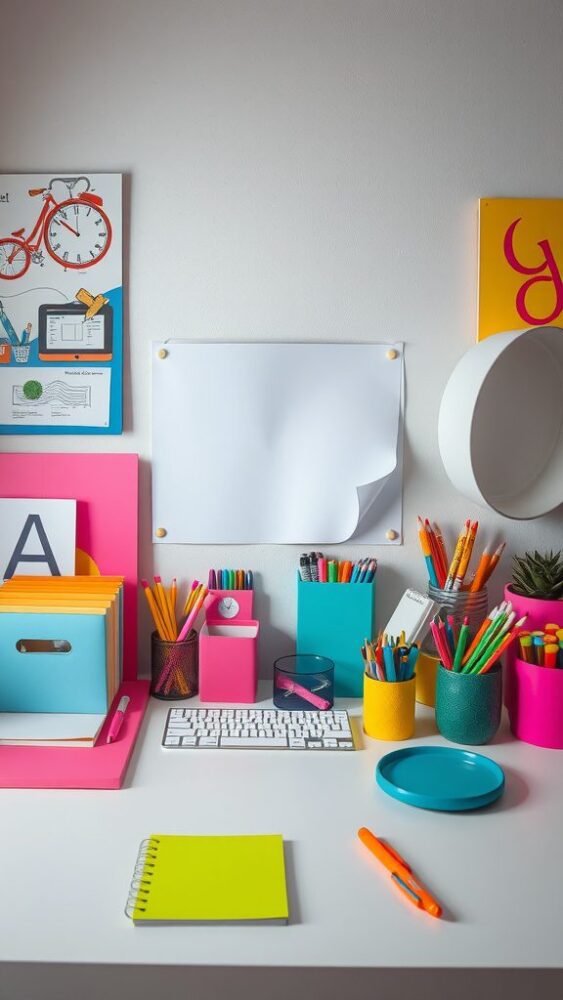 A colorful home office workspace with vibrant neon office supplies organized on a desk.