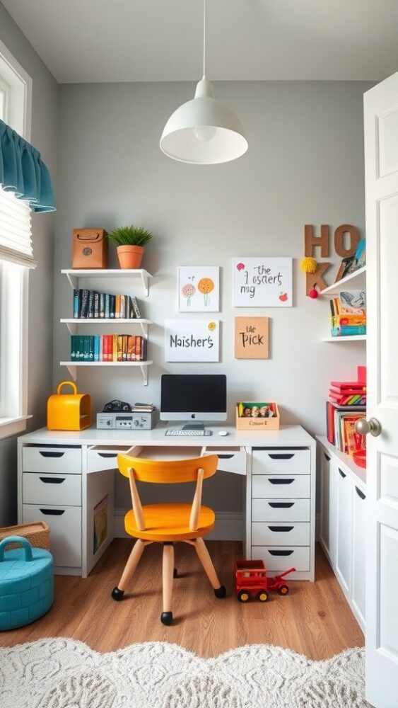 Family-friendly multi-use home office with a bright yellow chair, shelves filled with books and decorative items, a desk with a sleek computer, and a cozy rug.