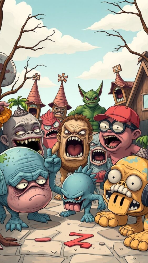 A vibrant fan art scene featuring various ugly cartoon characters with exaggerated features and expressions.