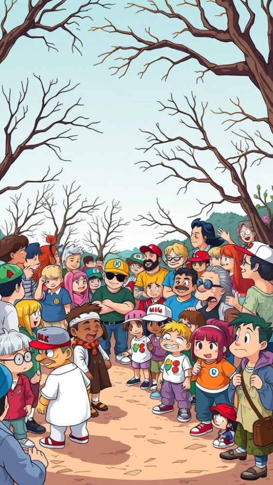 A colorful illustration of various cartoon characters gathered together, showcasing their unique and unconventional looks.