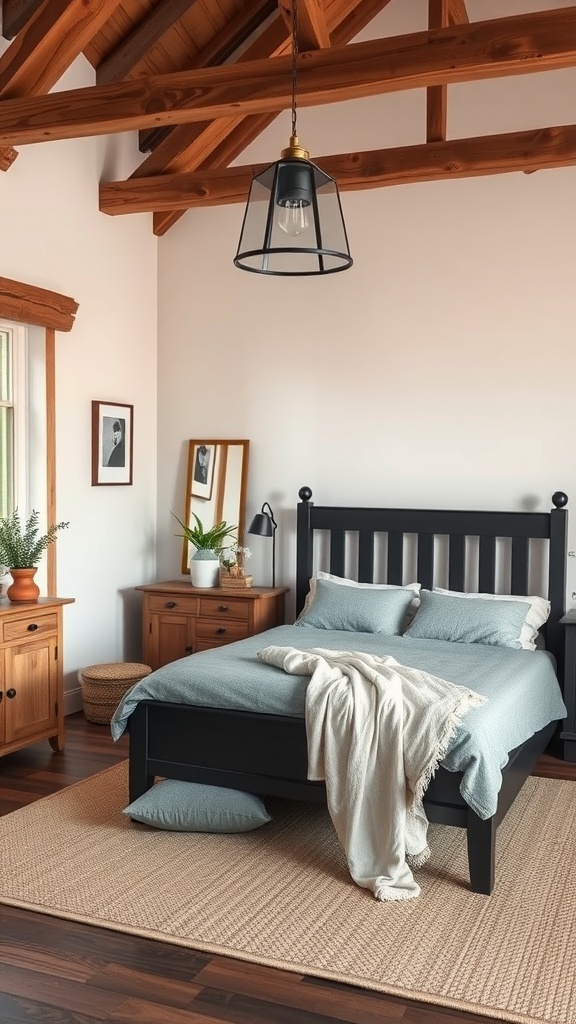 A cozy farmhouse bedroom featuring a black bed, soft blue bedding, and wooden accents