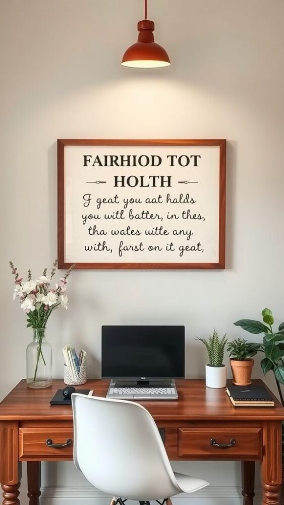 A rustic home office featuring a framed quote on the wall, a wooden desk, and decorative plants.