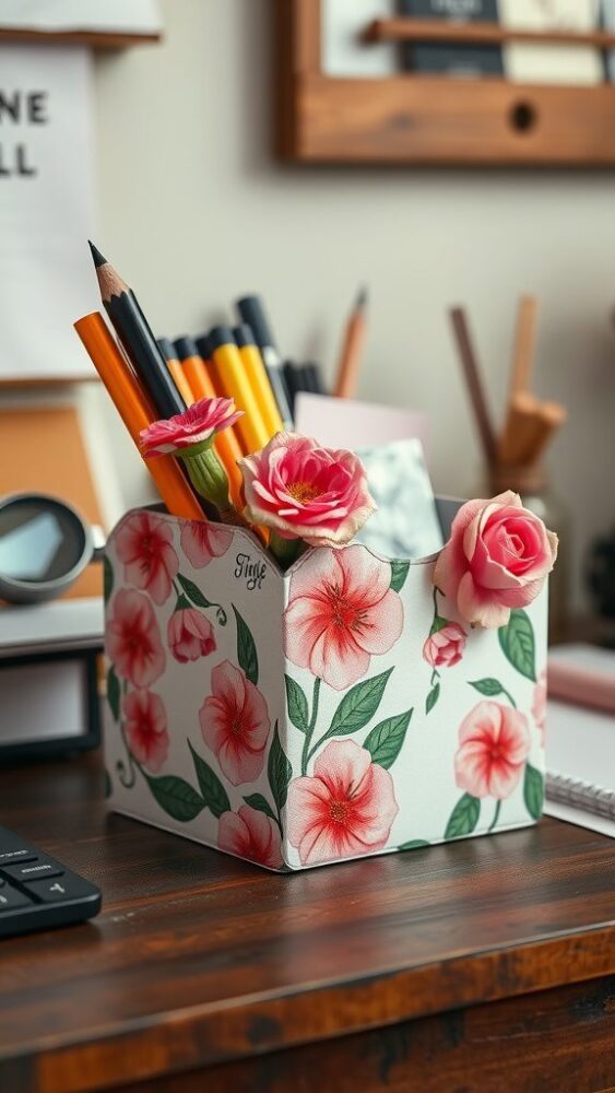 Floral desk organizer filled with pens and pencils on a wooden desk