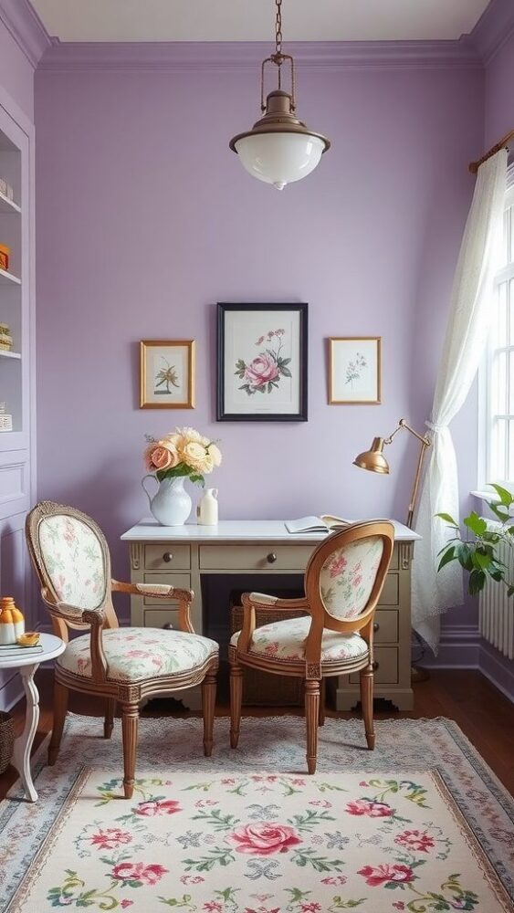 A feminine home office with lilac walls, floral chairs, and a stylish desk.