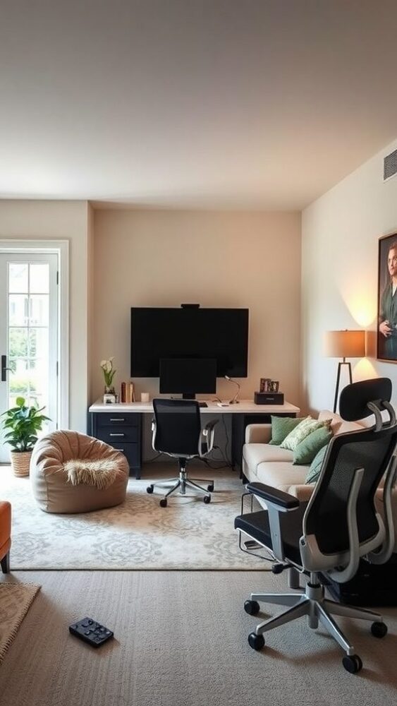 A cozy home office TV room combo with flexible seating options, including an office chair, a bean bag chair, and a sofa, all in a stylish interior.