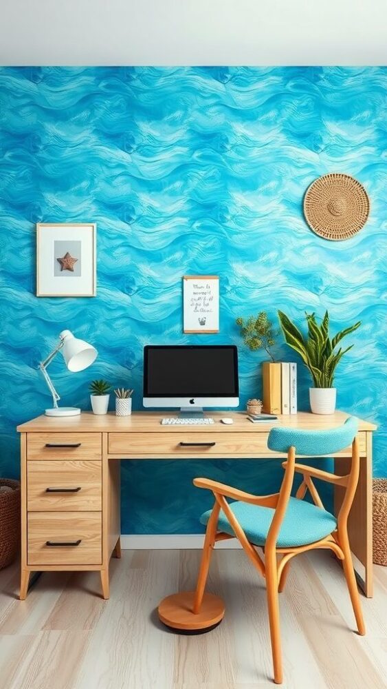 A cozy home office featuring blue wallpaper with wave patterns, a wooden desk, a blue chair, and green plants.