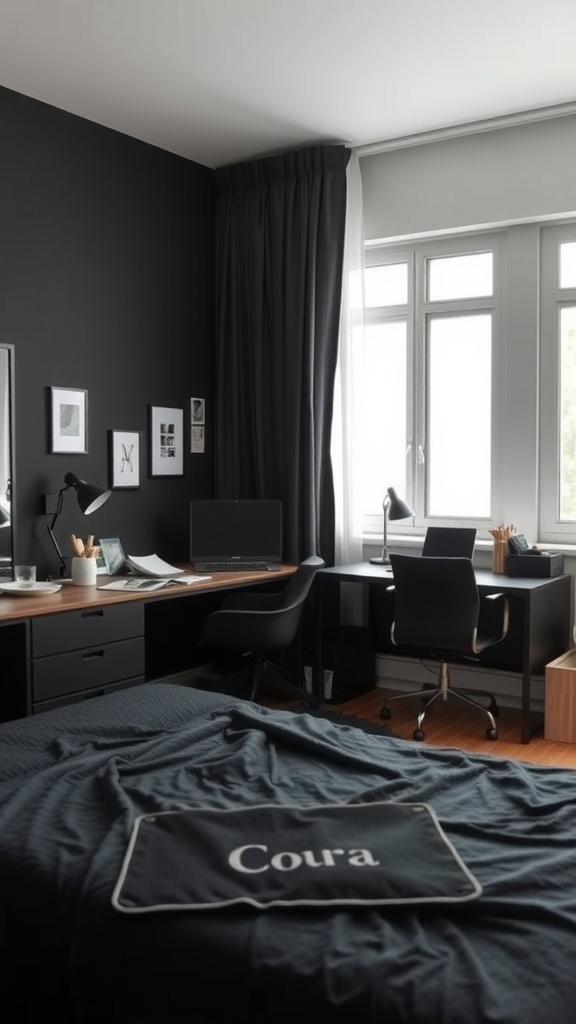 A modern bedroom featuring a black bed and a workspace with a desk and chair