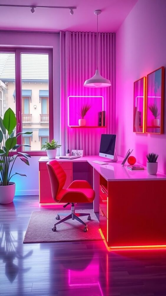 A vibrant home office featuring neon furniture with a red desk, a bright chair, and colorful lighting.