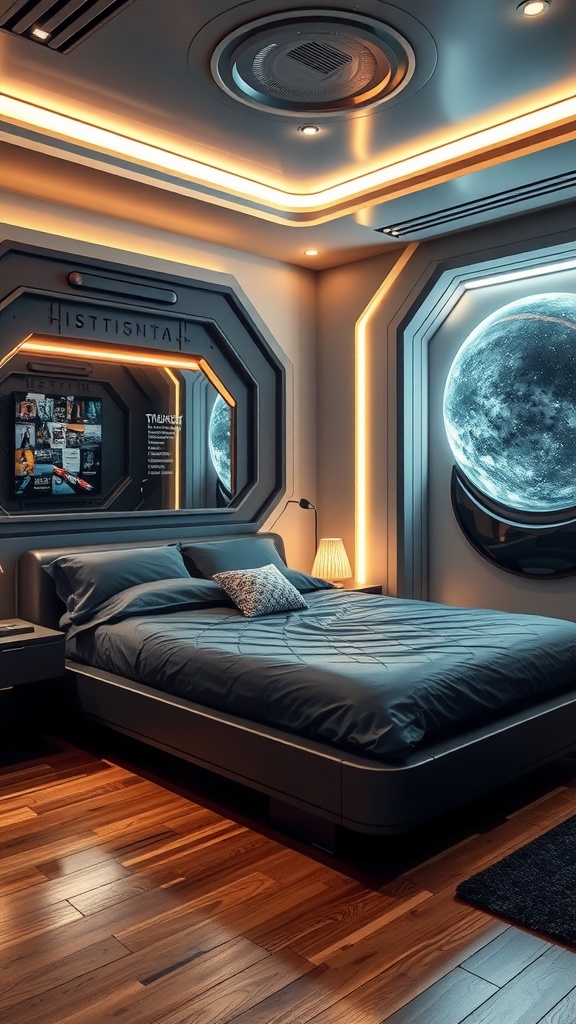 Futuristic bedroom with a black bed, moon view, and modern decor