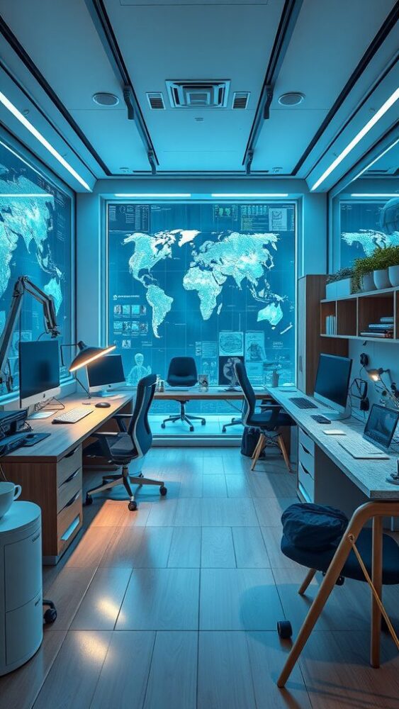 A modern high-tech office with digital maps on large windows, sleek desks, and advanced technology.