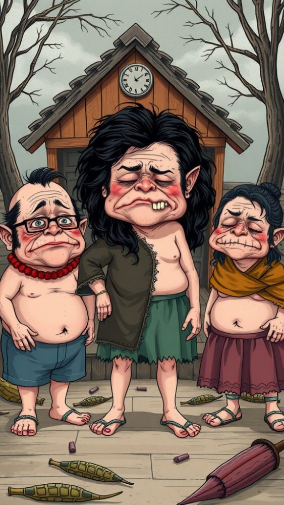 Three cartoon characters with exaggerated features standing outside a wooden hut.