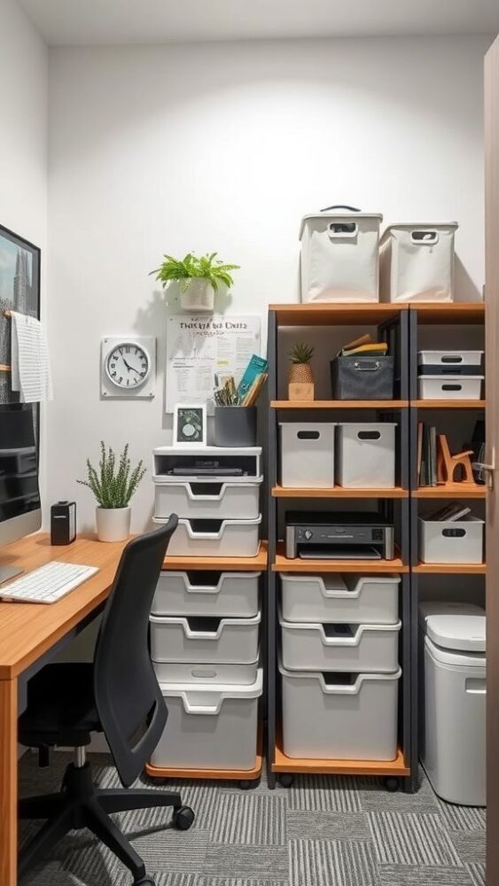 A small home office with smart storage solutions, featuring a desk, shelves with bins, a clock, and plants.