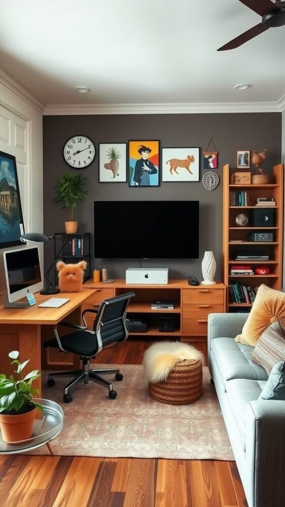 A stylish home office and TV room combo featuring a desk, modern chair, large TV, and artistic wall decor.