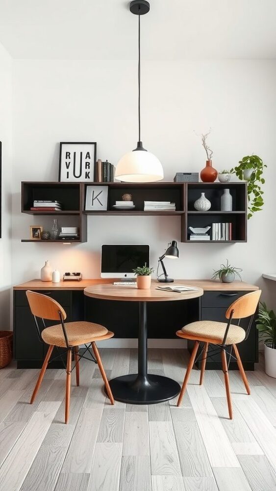 A small home office featuring a round table, two chairs, and wall-mounted shelves with plants and decor.