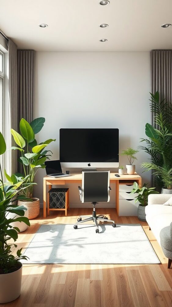 Home office setup featuring a desk, computer, and various indoor plants