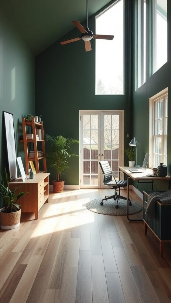 Home office with dark green walls and large windows allowing natural light