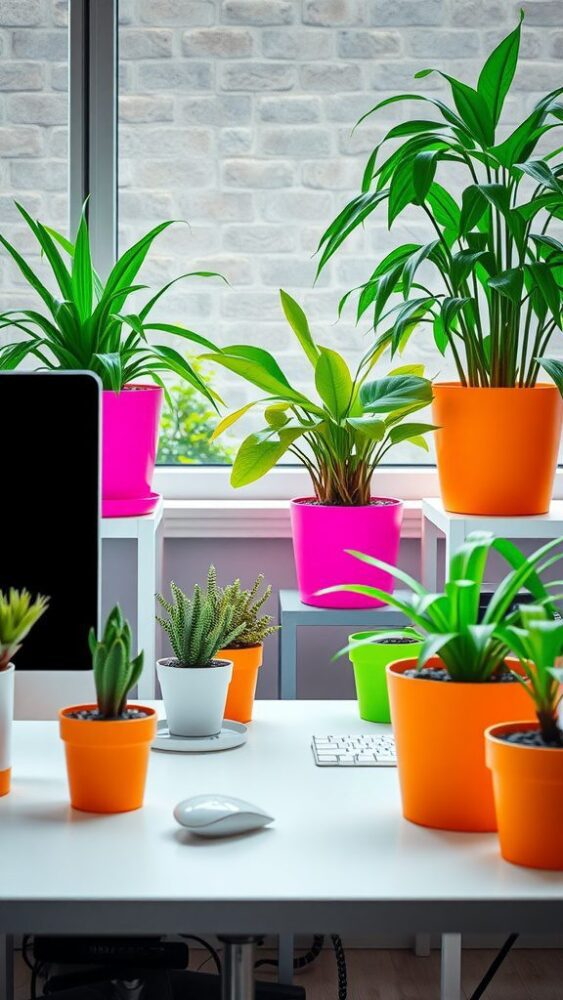 A bright home office scene featuring various plants in neon pots, creating a lively and inviting workspace