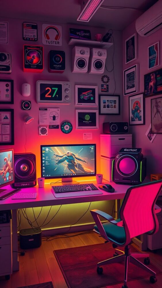 A modern home office with neon lights, multiple monitors, and stylish speakers.