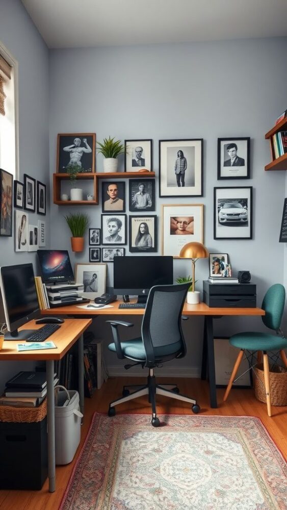 Cozy small home office with framed pictures, plants, and functional furniture.