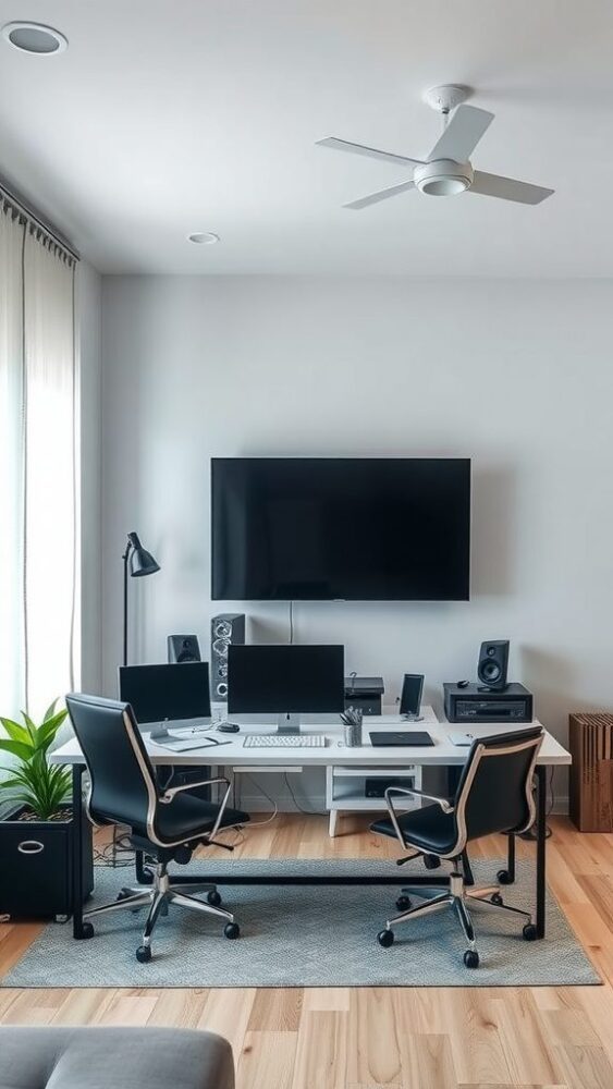 A modern home office setup featuring a desk with dual monitors, a large TV on the wall, two ergonomic chairs, and a plant.