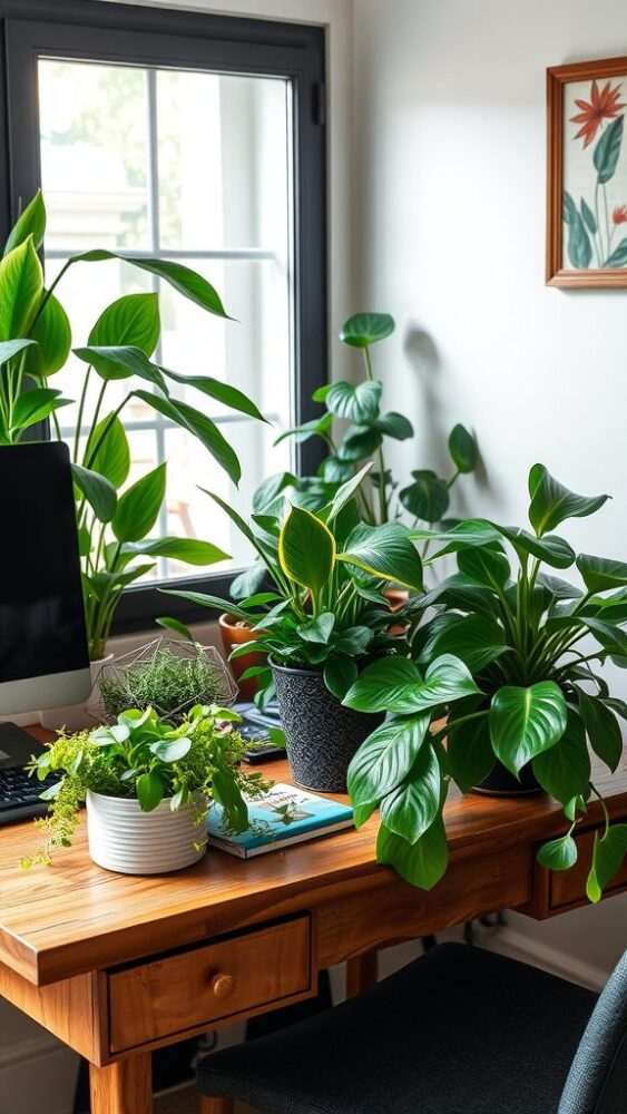 A rustic home office desk adorned with various indoor plants next to a window.