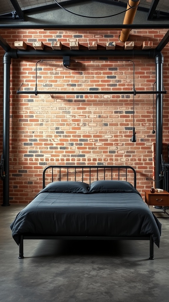 A black bed in an industrial chic bedroom with a brick wall and exposed lighting