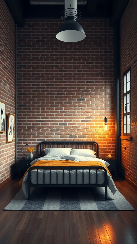 A cozy industrial chic bedroom featuring exposed brick walls, a metal bed frame, and warm lighting.