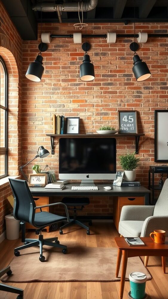 Industrial chic workspace featuring a brick wall, desk with computer, and cozy decor.