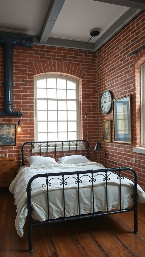 A stylish industrial bedroom featuring a metal bed frame, exposed brick walls, and modern decor.