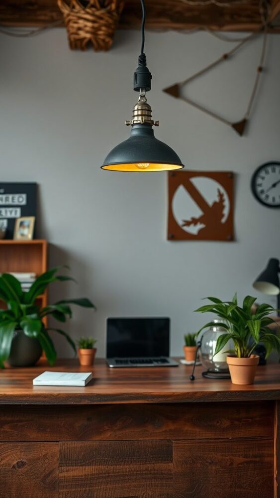 A rustic home office featuring industrial style lighting with a black pendant lamp, wooden desk, and green plants