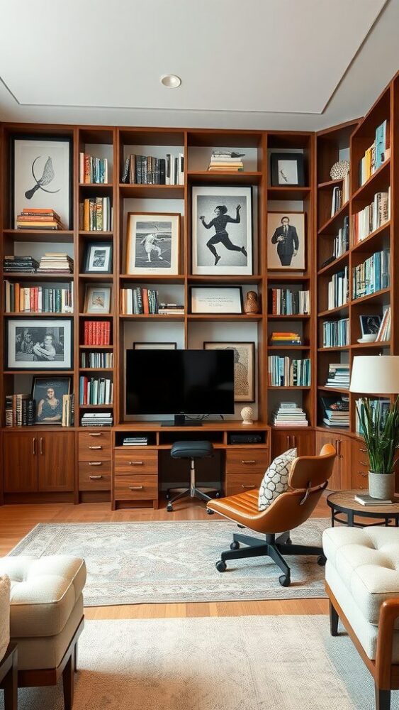 Home office and TV room combo with built-in shelves, a TV, and a comfortable chair.