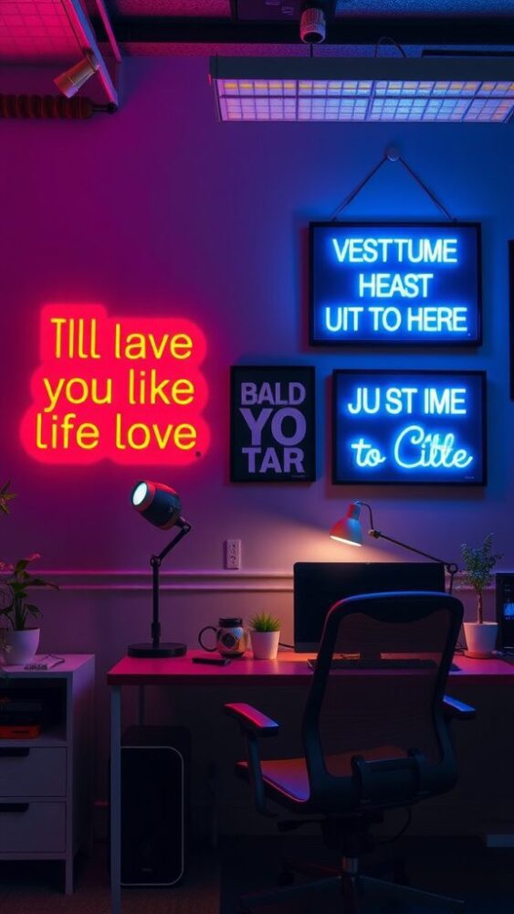 A colorful home office featuring neon signs with motivational quotes and a desk setup.