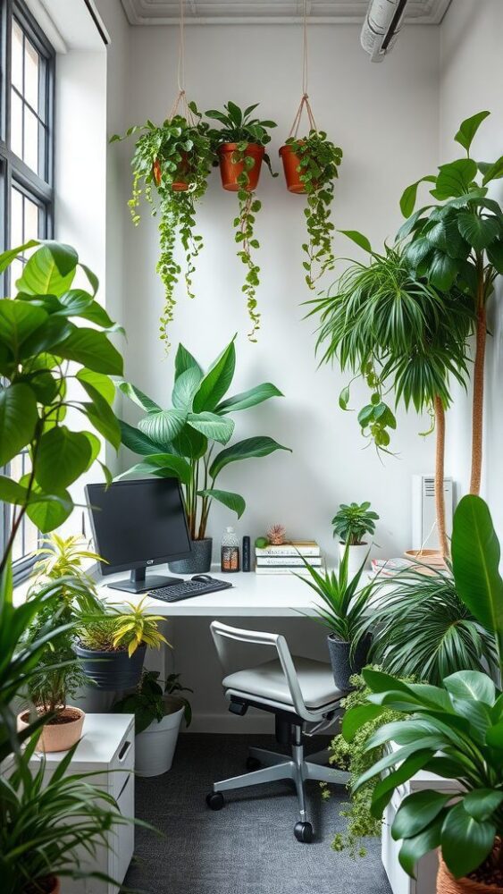 A small, green-filled home office with indoor plants and a desk setup.