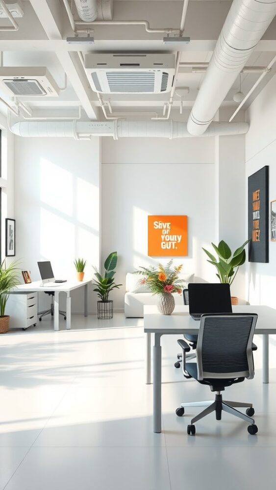 A bright and airy home office with ivory white walls and modern furniture.