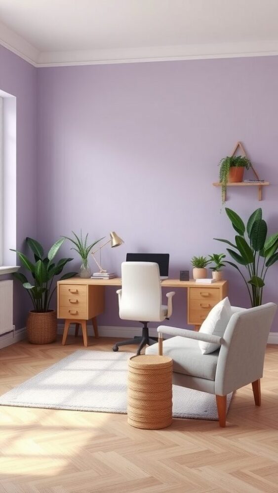 A feminine home office with lavender mist walls, a white chair, and wooden furniture, featuring plants and a cozy rug.