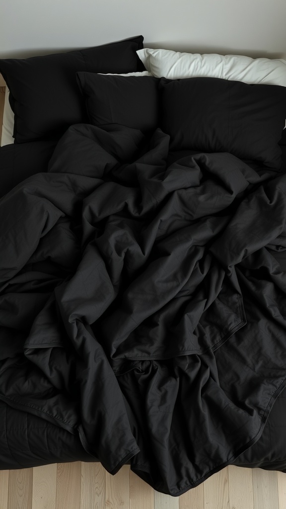 A bed with a layered arrangement of crumpled black textiles and pillows