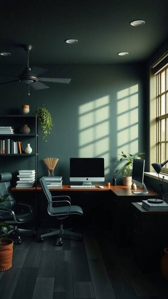 A dark green home office with layered lighting effects, featuring a desk with computers and plants.