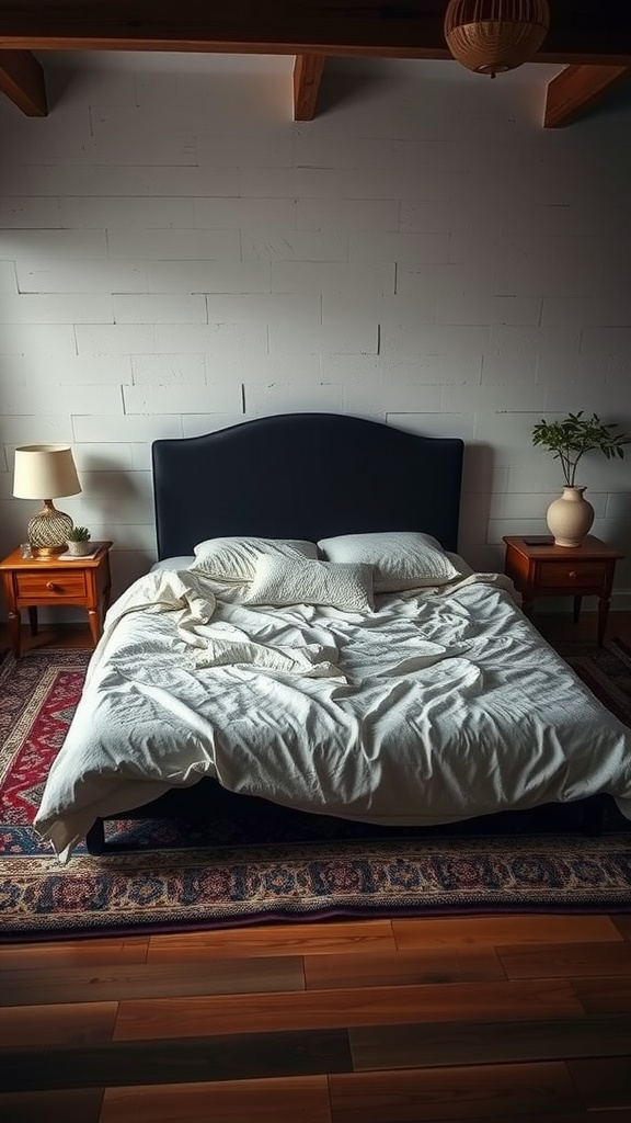 A cozy bedroom featuring a black bed with layered rugs and warm lighting