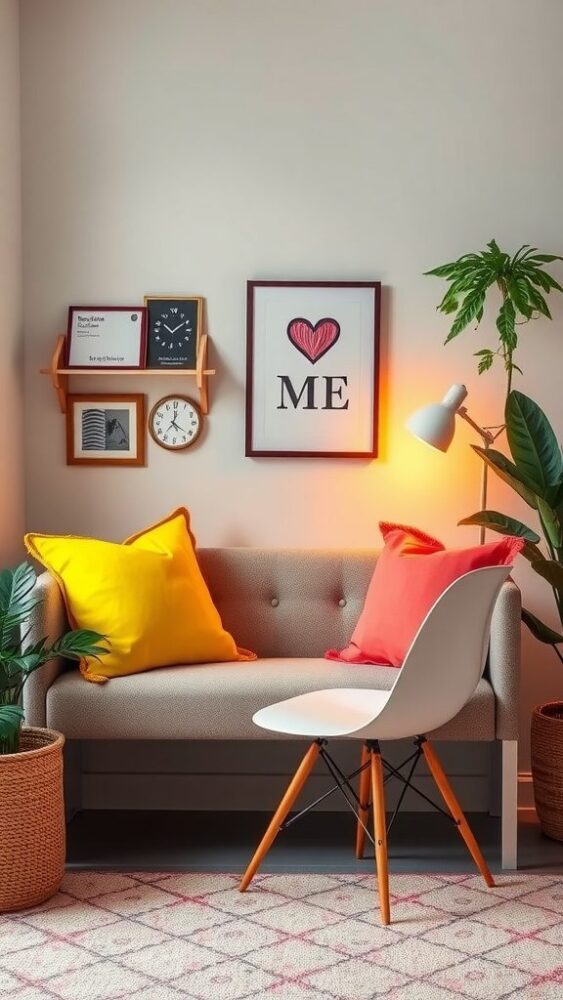 A cozy seating area featuring a neutral couch with vibrant yellow and coral throw pillows, surrounded by plants and decorative wall art.