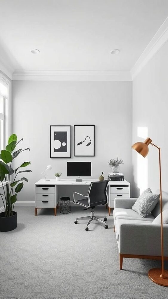 A stylish home office with light gray walls, modern furniture, and plants.